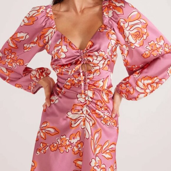 NWT - Minkpink Mandevilla Ruched Mini Pink Floral Print Dress Size XLarge - Picture 3 of 7